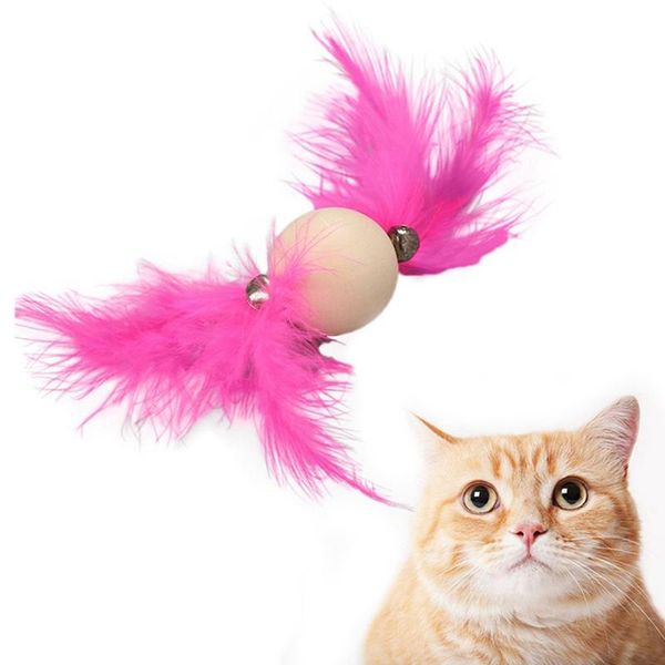 

cat toys wooded ball toy with bell and colorful feather for cats interactive pet playing wooden rolling 2 020