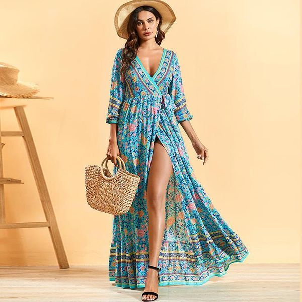 

bohemian long dress deep v neck lace up slim waist maxi dress sleeveless split beach holiday clothing spring summer 2021 new, Black;gray