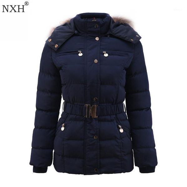 

nxh 2020 new winter womens thick coat adjustable waist pockets fur hooded ladys warm jackets botton zipper slim clothing brand1, Black
