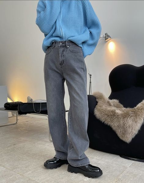 

woman cotton straight long grey jeans on fleece y1214, Blue