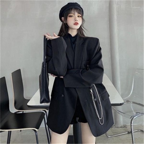 

2021 new spring autumn women's blazers double breasted female overcoats trendy chain ladies outerwear long jackets thick coats1, White;black