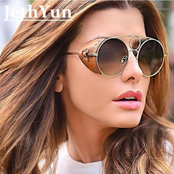 

brown leather round sunglasses women men fashion steampunk metal sun glasses female instagram trendy french brand eyewear1, White;black