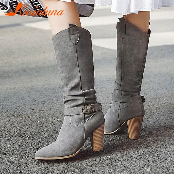 

karin 2021 new fashionable female shoes slip-on vintage mid-calf boots square thick heels buckle straps, Black