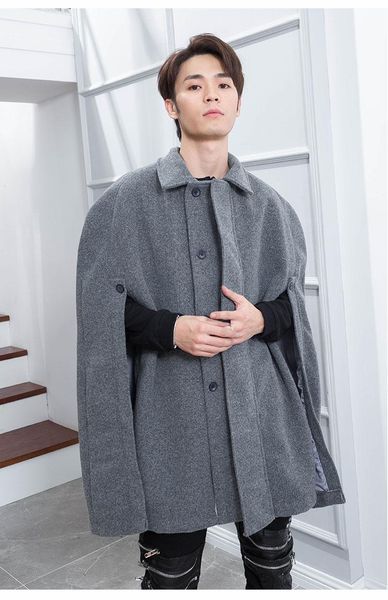 

men's wool & blends woollen coat for autumn/winter british bat lapel fashion in hip hop long loose cape trend, Black