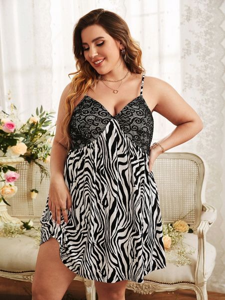 

plus zebra striped contrast lace cami night dress 199t#, Black;white