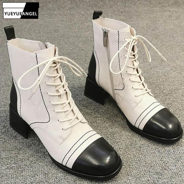 

boots fashion women leather ankle lace up round toe block heel motorcycle casual ladies winter fleece lining shoes1, Black