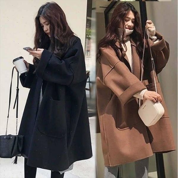 

women popular woolen loose coat overcoat long fund big size tide clothing casual solid color wide lapel jacket outerwear, Black