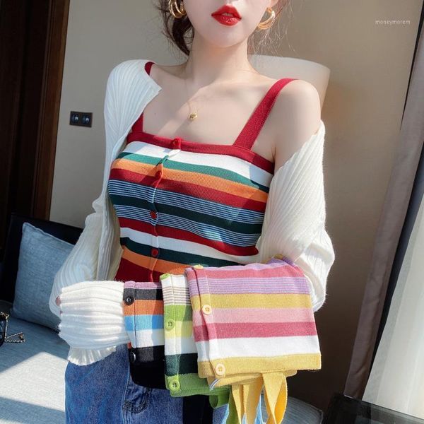 

camisoles & tanks women 2021 spring autumn fashion bottoming vests female short striped vest ladies knitted sleeveless d8571, Black;white