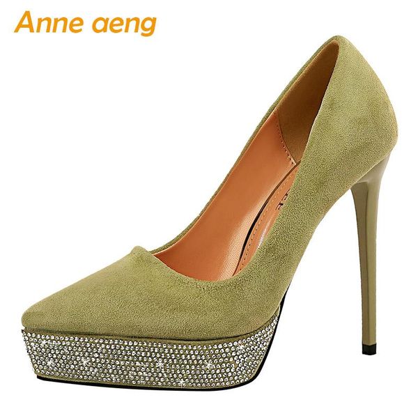 

2021 new spring women pumps high thin heel pointed toe shallow crystal ladies women platform shoes green female high heels, Black