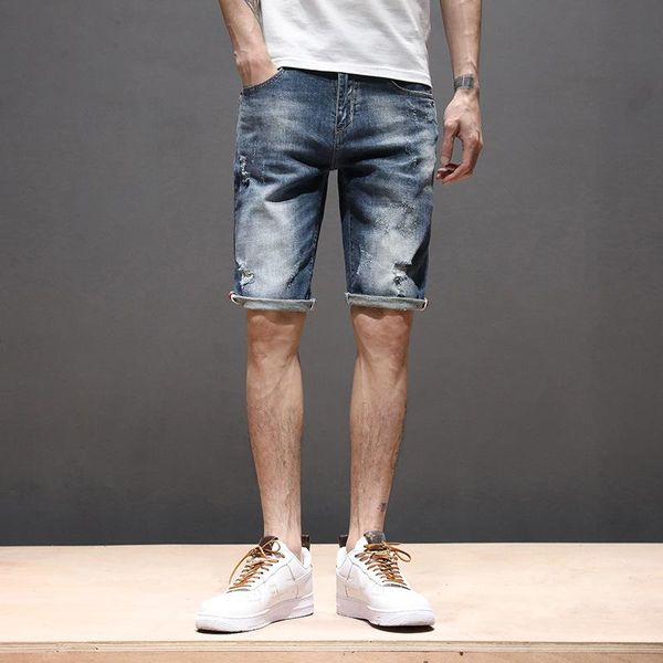 

высокое качество бренд хлопок джинсы шорты мужчины повседневная мода длина колена широкие джинсовые джинсовые брюки эластичные джинсы средни, Blue