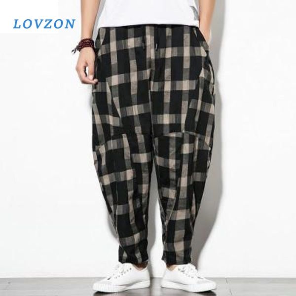 

men's plaid harem pants breathable linen baggy pants casual mid waist trousers hip hop streetweat pants, Black