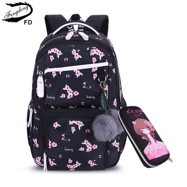 

fengdong kids cute black pink flower school backpack children school bags for girls plush ball gift children pen pencil bag set t200114