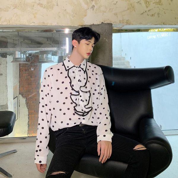 

men vintage ruffles collar long sleeve loose casual shirt male women streetwear polka dot party dress shirt stage lovers clothes, White;black
