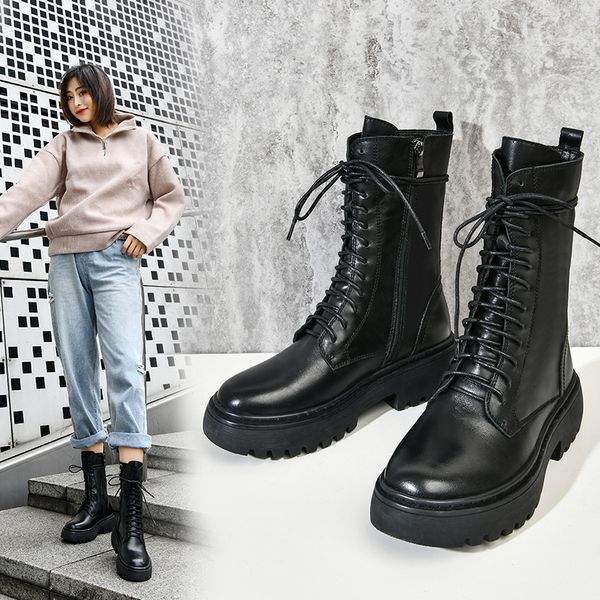 

2021 new punk motorcycle night club shoes woman high heels winter short women quality genuine leather ankle boots hq0e, Black