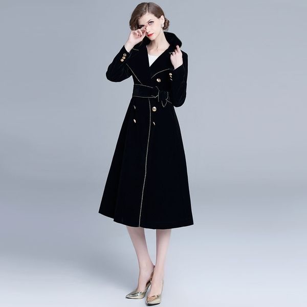 Cappotto in velluto da donna Cappotto lungo in velluto Cappotto trench da donna moderno Giacca invernale nera con cintura a maniche lunghe 201027