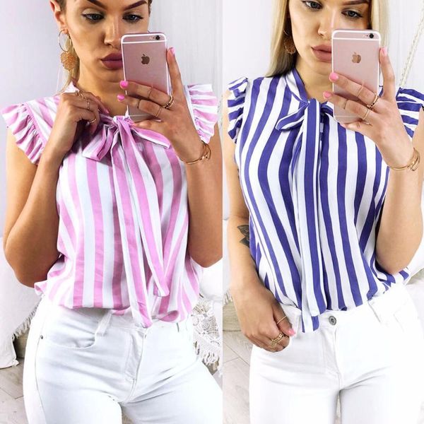 

2018 fashion v-neck bow tie striped shirt women blouse ruffles sleeveless vest shirts for women summer blusas1, White