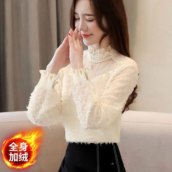

women lace plus velvet thickened bottoming shirt autumn winter 2020 long sleeve blouse female fashion loose sweet fresh, White