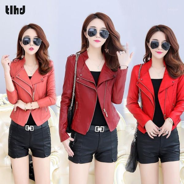 

tlhd 2018 autumn leather jacket women motorcycle short zippers faux leather jacket casual slim soft moto biker coats1, Black