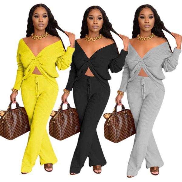 

women's tracksuits knitted set autumn two piece women sets long sleeve v neck criss-cross sweater loose pants suit plus size ribbed tra, Gray