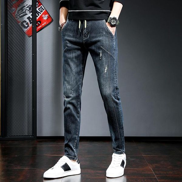 

men's jeans men blue ripped stretch 2021 fashion drawstring slim fit pencil pants