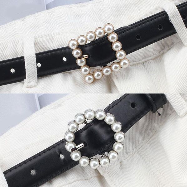 

leather belt women's fashion wild solid color belt alloy square buckle inlaid pearl decoration sweet style women, Black;brown