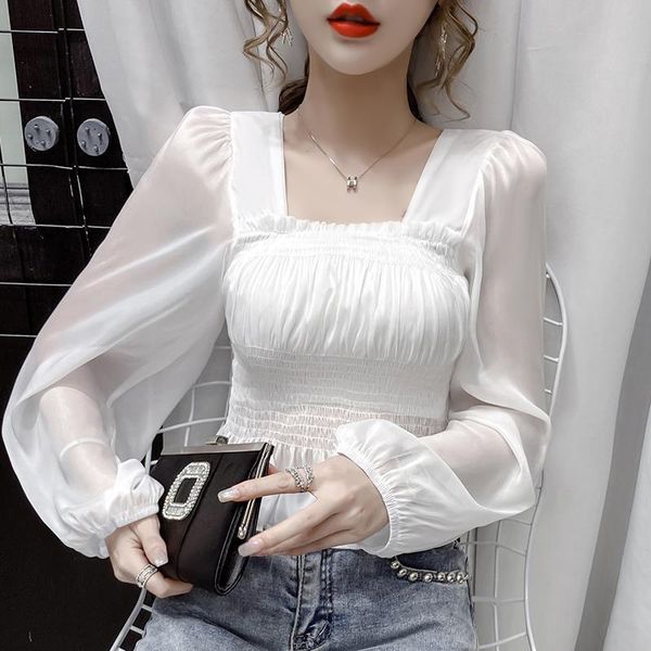 

2021 new puff sleeve solid blouse square collar ruffles short casual female autumn clothes korean style new fall women t2oi, White