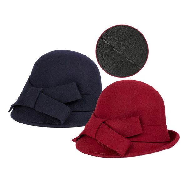 

pompom cap pure wool bowknot floppy felt bowler ladies cap fashion women winter solid color hat dome, Blue;gray