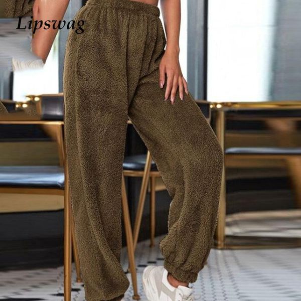 

women's pants & capris autumn casual vintage fluffy loose winter soft women high waist trousers elegant female wide leg long sweat home, Black;white