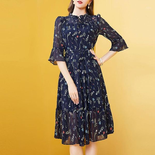 

women's spring summer style chiffon dress women's o-neck lace up printed elegant temperament dress ss18761, White;black