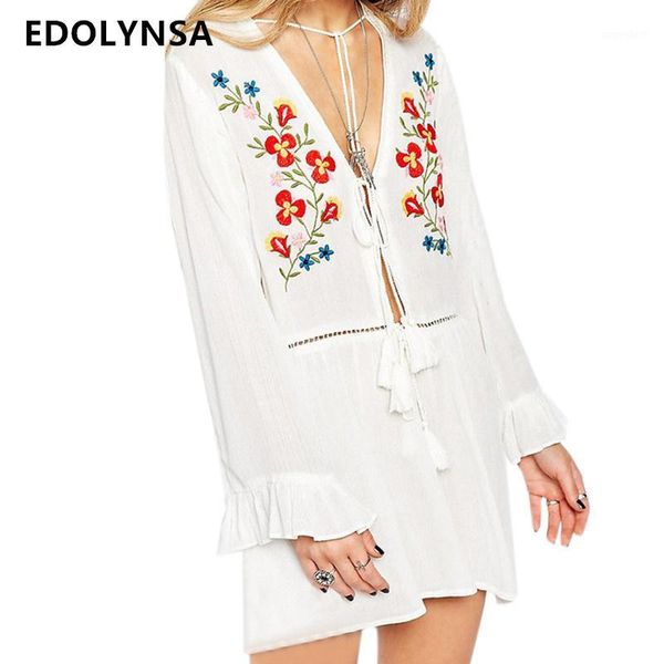 

lace up hollow out front open mini dress deep v neck floral embroidered long sleeve white cotton dress beachwear tunic n5591, Black;gray
