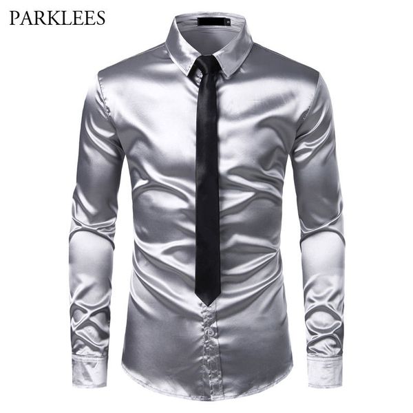 2 pezzi camicia di seta argento + cravatta uomo raso liscio camicie da smoking casual button down uomo camicie eleganti festa di nozze prom chemise homme 201120