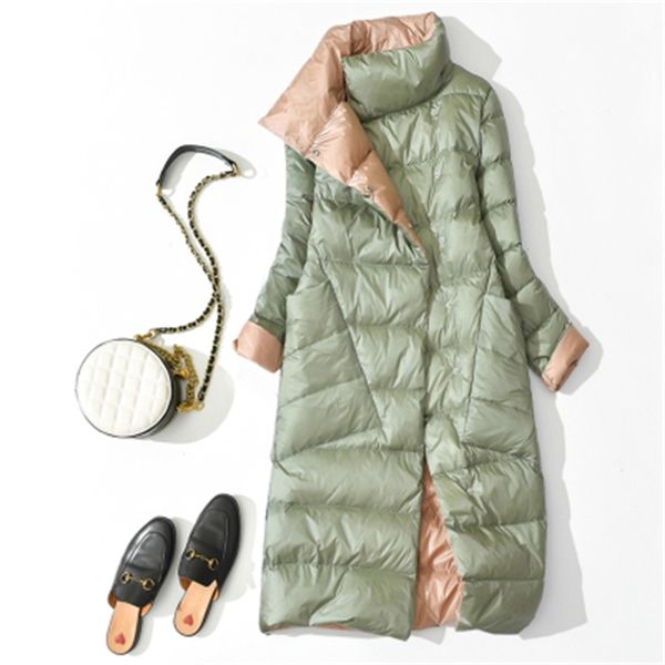 

2021 new woman face long parka winter 90% white down double breasted parkas female jacket outwear k0k5, Black