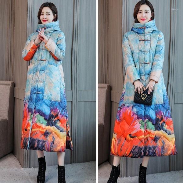 

long section fashion color printing white duck down jacket thick section winter jacket coat women loose casual feather parka 1891, Black