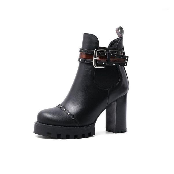 

boots leather girls ankle genuine thick heel platform women buckle party shoes woman1, Black