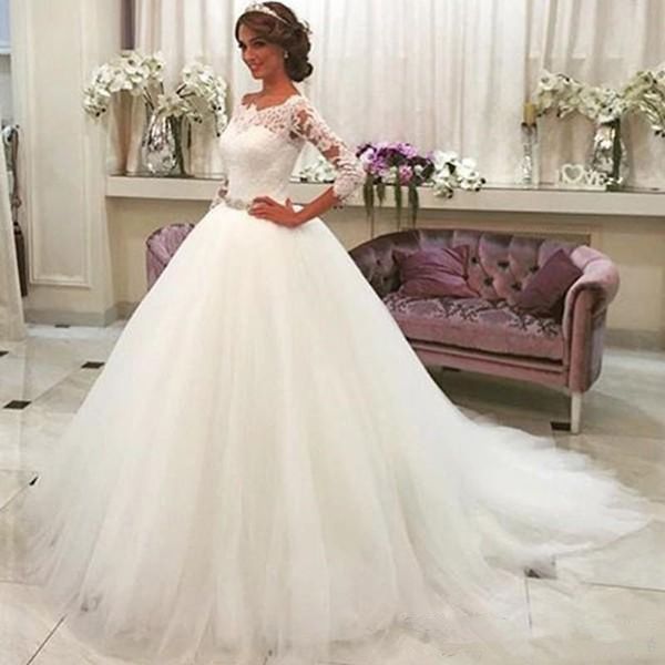 

vintage wedding dresses lace 3/4 long sleeves beaded sash wedding gowns buttons back sweep tulle a line bride robe de marrige, White