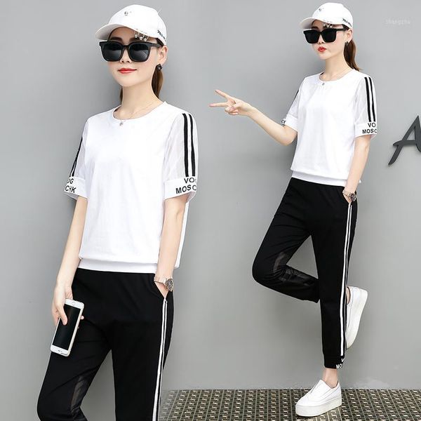 

nenew women's suit large size sportswear summer short-sleeved trousers foreign style fashion casual wear two-piece1, White
