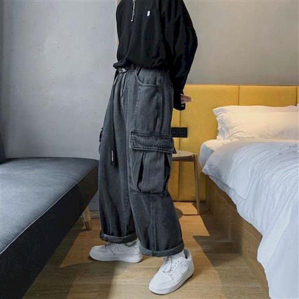 

men women straight wide-leg tooling jeans autumn winter denim trousers female loose student port style big pocket couple pants, Blue