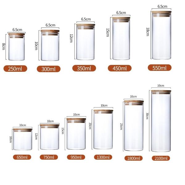 

transparent glass food storage canisters 1300ml corks cover jars bottles for sand liquid food eco-friendly glass bottles with bamboo lid