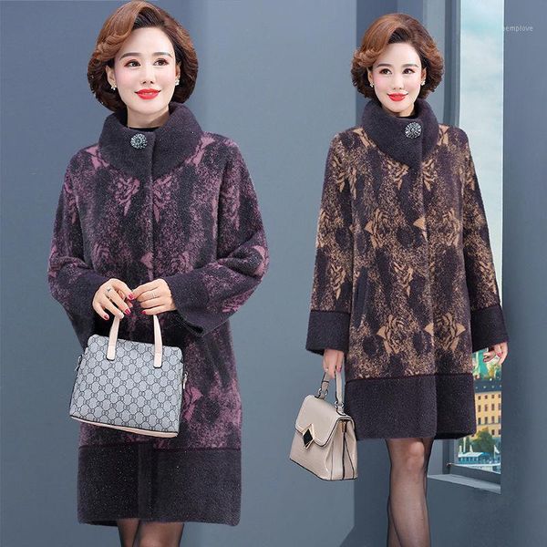 

2021 autumn winter new middle aged women faux wool coat female casual loose thick warm plus size 6xl overcoats s7161, Black