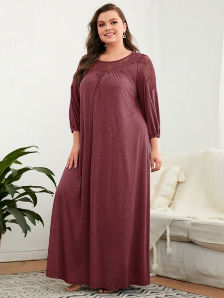 

plus contrast lace lantern sleeve nightgown o9t8#, Black;white