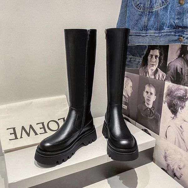 

new products autumn and winter first layer cowhide genuine leather high boots thick bottom knight boots takato shoes for women, Black