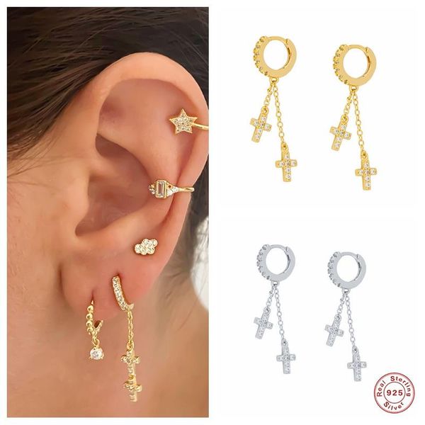 

Aide 925 Sterling Silver Double Cross Pendant Drop Earrings Shiny Zircon Chain Tassel Dangle Earring For Women Brincos Jewelry
