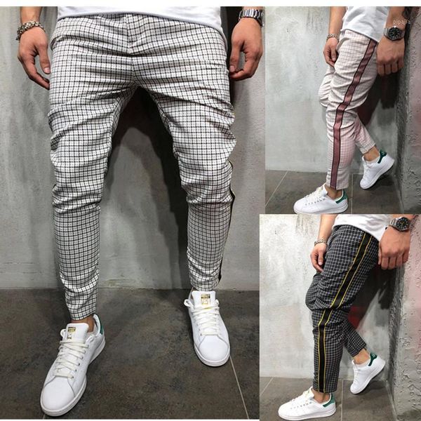 

2020 autumn mens joggers casual pants plaid harem pants men gyms workout sweatpants striped trousers male slim fit track1, Black