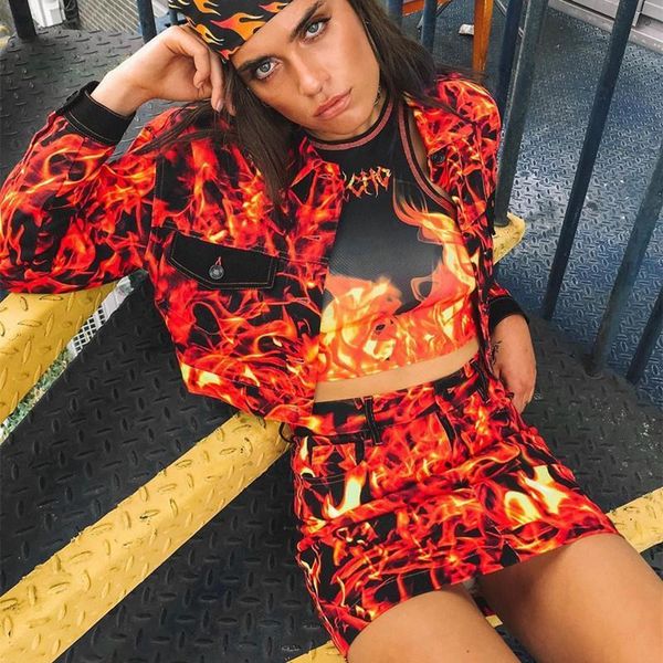 

flame print coats women outerwear female jacket gothic streetwear harajuku autumn winter 2020 chaquetas casaco feminino, Black;brown