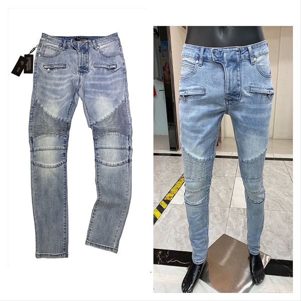 

20ss mens skinny jeans joggers distressed ripped skinny slim fit sport tracksuit for men mid long straight zipper fly biker rock revival j, Blue
