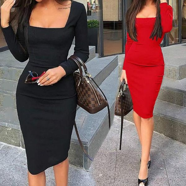 

women elegant party dress long sleeve solid bodycon mid dress new spring autumn casual club dresses vestidos black red, Black;gray