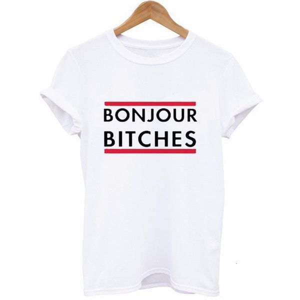

bonjour bitches letter print t shirt women short sleeve o neck loose tshirt 2020 summer women tee shirt camisetas mujer, White