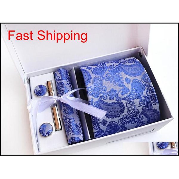 

classic men neck tie set (tie+tie clips+cufflinks+hanky+box) paisley necktie man formal silk tie suit business tie qylvkd bde_home, Black;blue