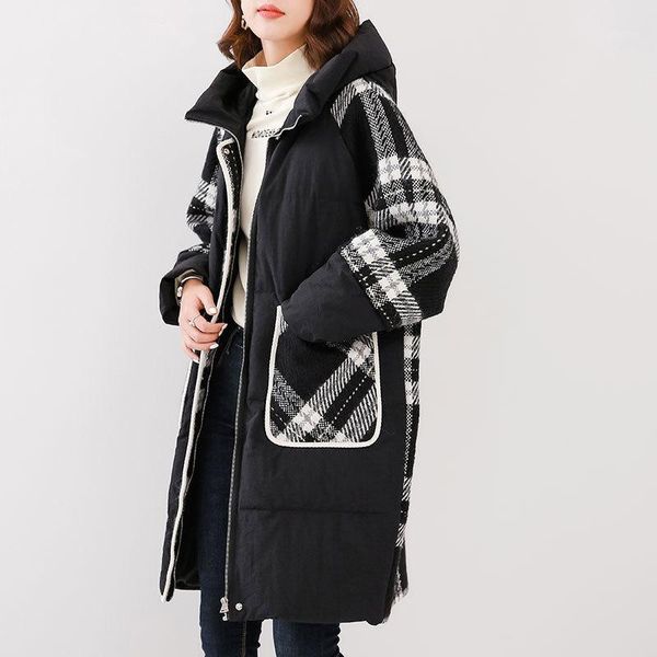 

stitching white black woolen plaid down jacket women's winter clothing 2020 new korean fashion loose white duck down thick coat1