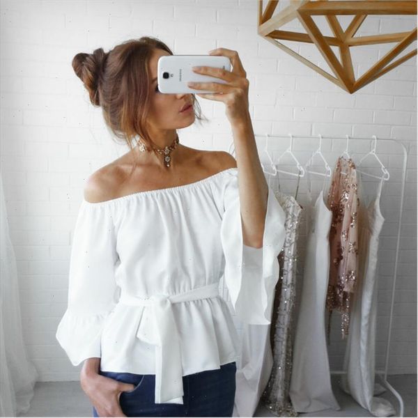 

off shoulder women peplum blouse chiffon three quarter flare sleeve tunic ladies office shirts chemisier femme ey, White